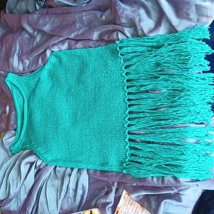 Crocheted Kelly green sleeveless sweater with fringe. Small or medium.
